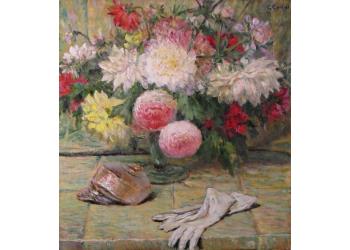 Vaso di fiori con guanti e conchiglia Vaso di fiori con guanti e conchiglia